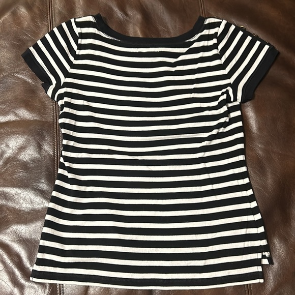 Ralph Lauren black and white stripped t-shirt with buttons going up each sleeve - Picture 6 of 6